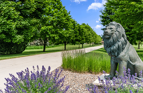 Long driveway leading to the grand entrance of Mansion on the Lake in Newton, WI, featuring two lion statues at the end