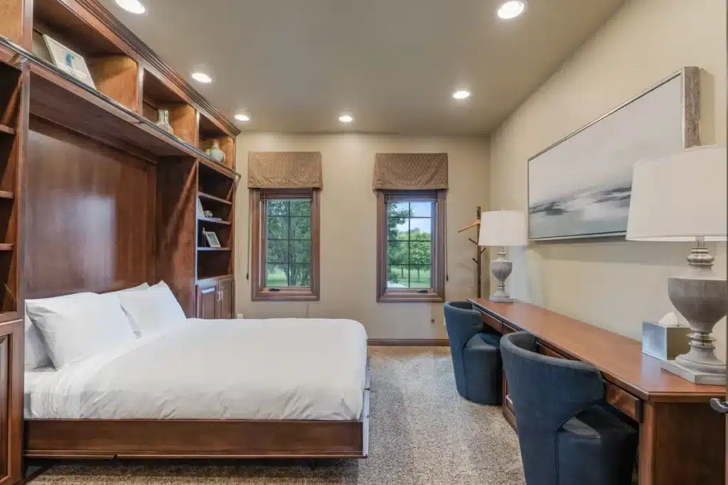 Lakeview Library at Mansion on the Lake with full-size bed, desk for two, and Lake Michigan views