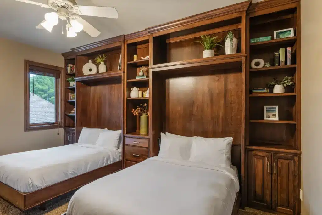 Two full-size beds in the Michigan Mist room at Mansion on the Lake