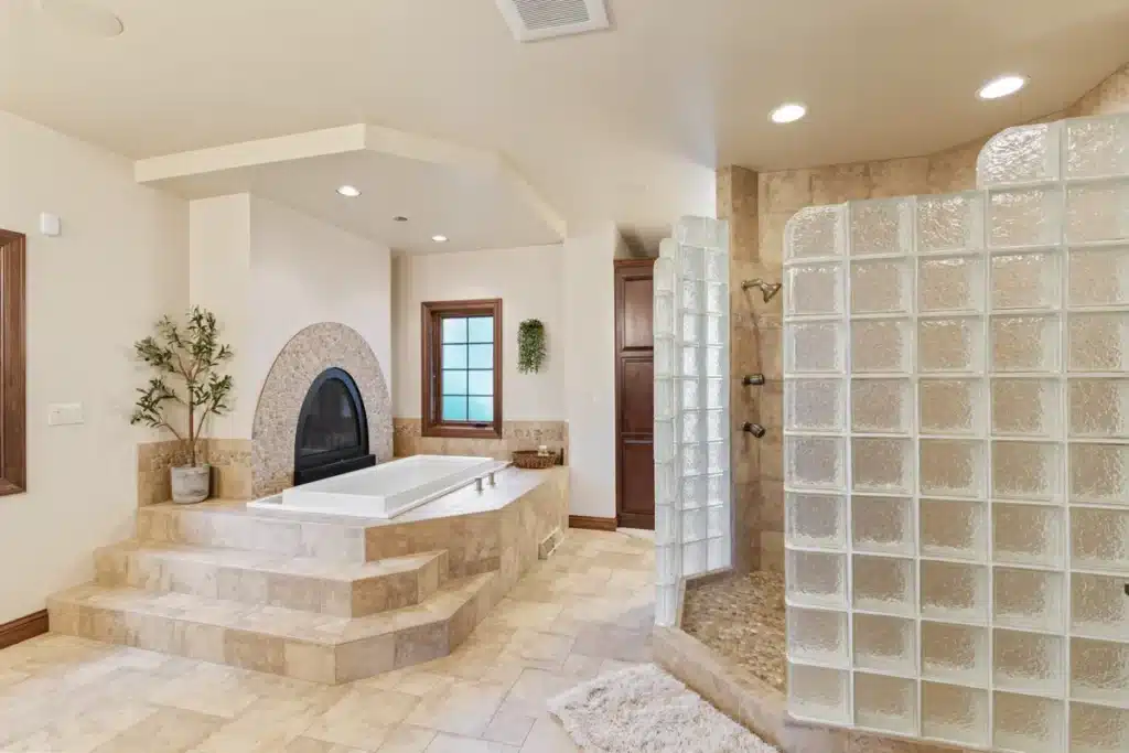 Luxurious bathtub in the Lakeside Retreat bathroom at Mansion on the Lake with elegant decor and relaxing ambiance