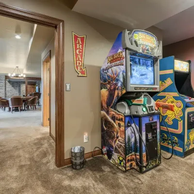 Nississing Cove Arcade at Mansion on the Lake with Cyclone, Pool Sharks pinball, Buck Hunter, Golden Tee, Cruisin' USA, Ms. Pac-Man, and Basket Fever skeeball