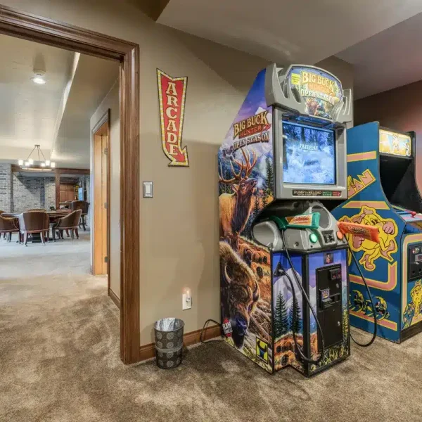 Nississing Cove Arcade at Mansion on the Lake with Cyclone, Pool Sharks pinball, Buck Hunter, Golden Tee, Cruisin' USA, Ms. Pac-Man, and Basket Fever skeeball