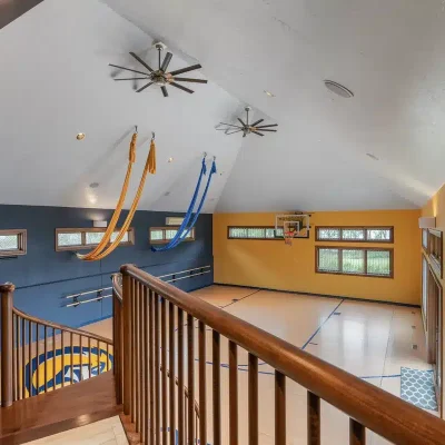 Indoor basketball court at Mansion on the Lake, converted to an indoor pool during winter