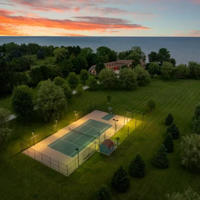 Drone shot of Mansion on the Lake in Newton, WI, showcasing Lake Michigan, tennis court, and expansive property grounds with luxury amenities
