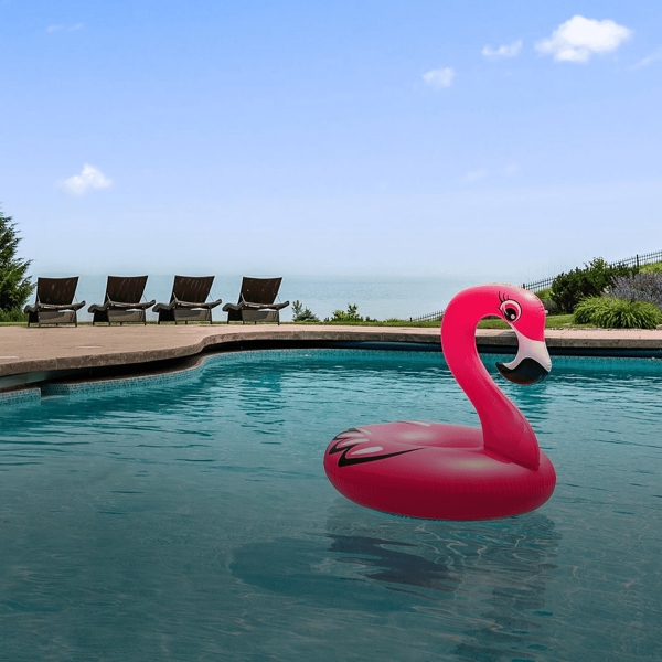Pink flamingo float in outdoor pool with view of Lake Michigan at Mansion on the Lake